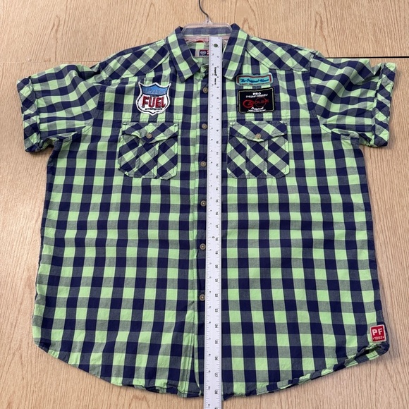 Phat Farm XL Plaid Racing Patch Shirt Neon Green Navy Streetwear 90s Y2K - Picture 12 of 13